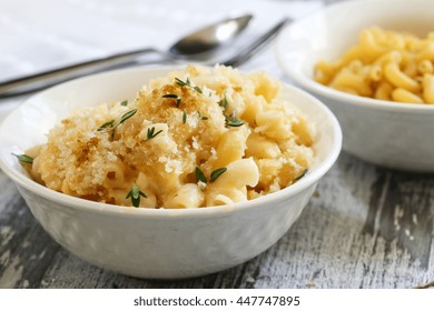 Homemade Baked Mac And Cheese Served In A Bowl, Selective Focus