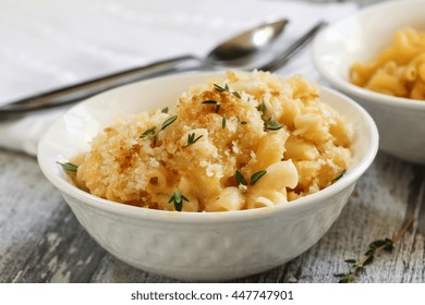 Homemade Baked Mac And Cheese Served In A Bowl, Selective Focus