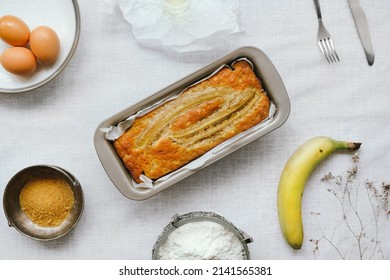 Homemade Banana Bread Cake Recipe. Table Top View. Banana Bread Ingredients.