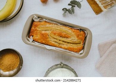 Homemade Banana Bread Cake Recipe. Table Top View. Banana Bread Ingredients.