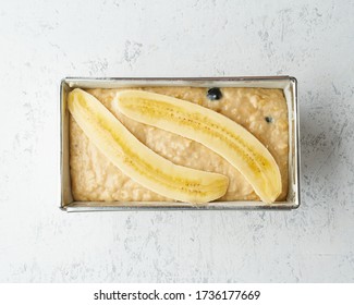 Homemade Banana Bread. Dough For Cake In Pan Loaf. Step By Step Recipe. Step 11. Top View, White Table.