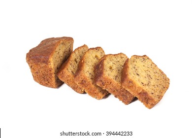 Homemade Banana Bread Sliced On White Background