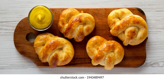 Homemade Basic Soft Pretzels With Mustard, Top View. Flat Lay, Overhead, From Above.