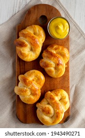 Homemade Basic Soft Pretzels With Mustard, Top View. Flat Lay, Overhead, From Above.