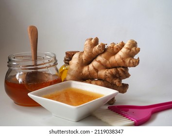 Homemade Beauty Mask With Ginger, Honey And Olive Oil. For Facial Skin And Hair Care. Mask And Ingredients. On White Background