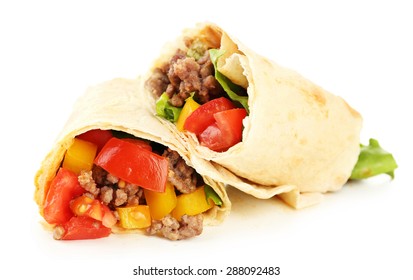 Homemade Beef Burrito With Vegetables And Tortilla, Isolated On White
