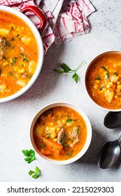 Homemade Beef Meat Soup With Carrot, Potato, Corn And Sweet Potato, Flat Lay. Winter Comfort Food Concept.