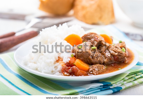 Homemade Beef Vegetable Casserole Served Rice Stock Photo Edit