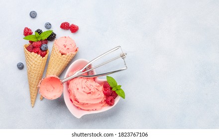 Homemade Berry Ice Cream Sundae. Top View Flat Lay With Copy Space