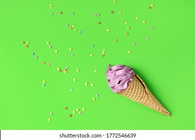 Homemade Berry Marshmallow Lilac In A Waffle Cone, On A Green Background, With Caramel Crumbs. Healthy Sweets Made From Natural Ingredients.