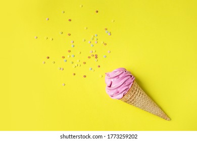 Homemade Berry Marshmallow Pink In A Waffle Cone, On A Yellow Background, With Caramel Crumbs. Healthy Sweets Made From Natural Ingredients.