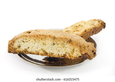 Homemade biscotti on silver plate. Isolated.