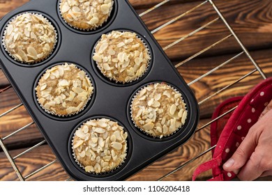 Homemade Blueberry Bran Muffins With Almond In Bakeware