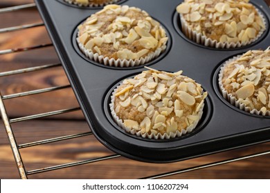 Homemade Blueberry Bran Muffins With Almond In Bakeware