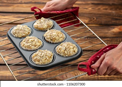 Homemade Blueberry Bran Muffins With Almond In Bakeware