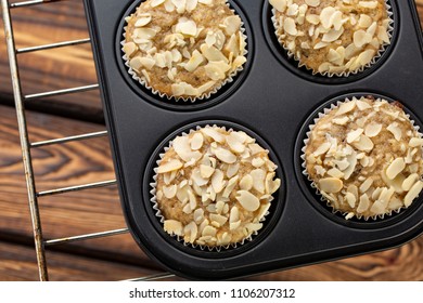 Homemade Blueberry Bran Muffins With Almond In Bakeware