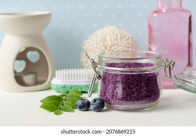 Homemade Blueberry Face And Body Sugar Scrub, Bath Salts, Foot Soak In A Glass Jar. DIY Beauty Treatment And Spa. Copy Space.