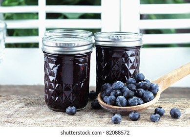 Homemade Blueberry Jam Or Preserves With Fresh Blueberries.