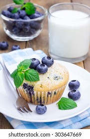 Homemade Blueberry Muffin With Glass Of Milk