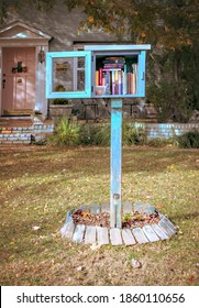 Homemade book box library in font yard of residential house open and full of books with a plastic container of dog treats with house and autumn tree behind