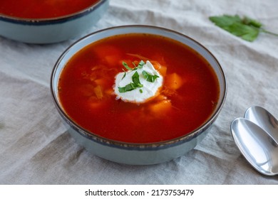 Homemade Borscht Soup With Horseradish Sauce In A Bowl, Side View.