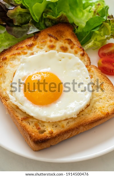 homemade bread toasted with cheese and\
fried egg on top with vegetable salad for\
breakfast