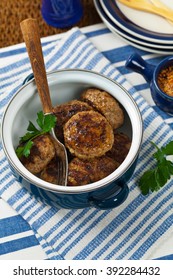 Homemade Breakfast Cutlets Or Sausage Patties. Selective Focus.