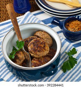 Homemade Breakfast Cutlets Or Sausage Patties. Selective Focus.