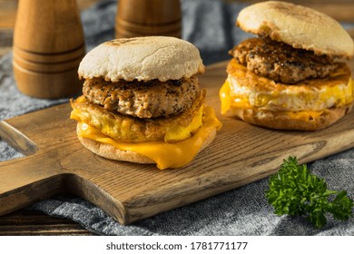 Homemade Breakfast Sausage Patty Sandwich With Eggs And Cheese