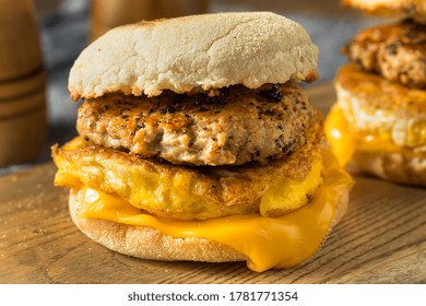 Homemade Breakfast Sausage Patty Sandwich With Eggs And Cheese