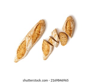 Homemade Brown Bread with Seed Mix Isolated. Whole Loaf of Organic Cereal Bread Made of Sourdough Dough with Seeds of Beans, Peas, Flax on White Background Top View. - Shutterstock ID 2169846965