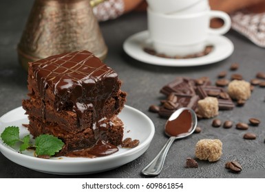 Homemade brownies with coffee,chocolate and caramel. American dessert. Selective focus