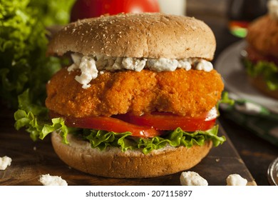 Homemade Buffalo Chicken Sandwich with Hot Sauce and Blue Cheese