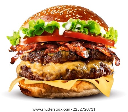 Homemade burgers on a white background, burger with steak and melted cheddar, burger with tomato salad and cheddar and emmental, burger for fast food, burger cut out