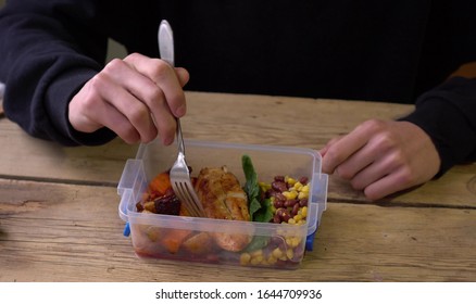 Homemade Business Lunch In A Container In The Office. Reusable Plastic Lunch Box With Homemade Food