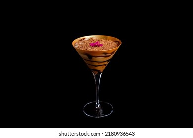 Homemade Cake In Glasses. Traditional Unbaked Italian Dessert On Black Background. Coffee And Cream Cake.