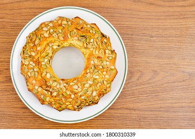 Homemade Cakes, Pumpkin Seed Muffin On White Plate. Studio Photo