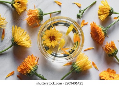Homemade Calendula infused oil in a bowl, marigold flowers on white background, herbal medicine flat lay - Shutterstock ID 2203401421