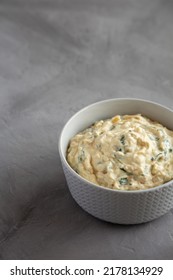 Homemade Caramelized Onion And Spinach Dip, Side View. Copy Space.