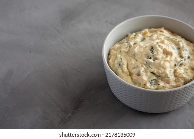 Homemade Caramelized Onion And Spinach Dip, Side View. Copy Space.