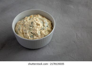 Homemade Caramelized Onion And Spinach Dip, Side View. Space For Text.