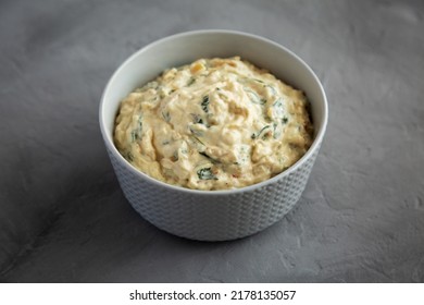 Homemade Caramelized Onion And Spinach Dip, Side View. 