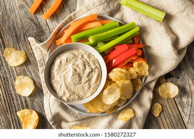 Homemade Carmelized Onion Dip With Chips And Veggies