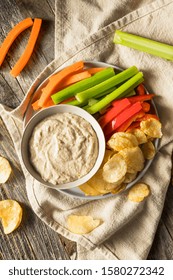 Homemade Carmelized Onion Dip With Chips And Veggies