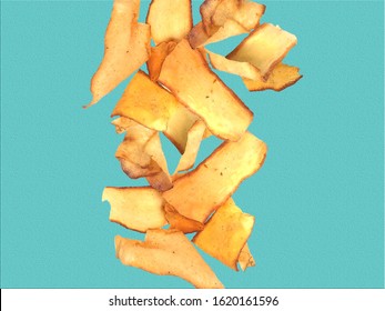 Homemade cassava chips (cassava chips) with the concept of falling from the top and a blue background. Snack