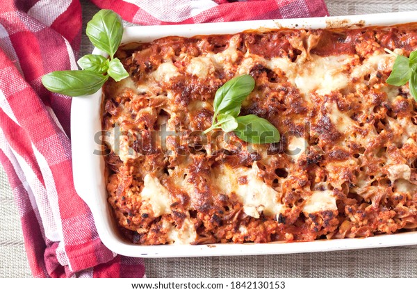 \
Homemade casserole with pasta,\
tomatoes and minced meat. A tasty dinner for the whole\
family.