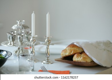 Homemade Challah,Sabbath Candles On The Table