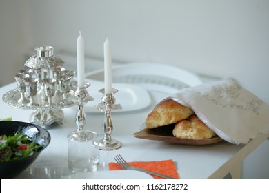 Homemade Challah,Sabbath Candles On The Table