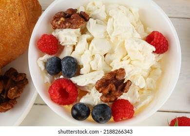 Homemade Cheese With Berries And Nuts. Breakfast Food With Quark