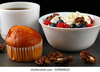 Homemade Cheese With Berries And Nuts. Breakfast Food With Quark